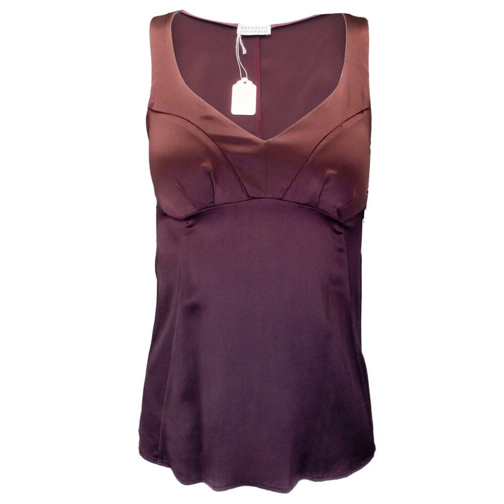 BRUNELLO CUCINELLI BURGUNDY SLEEVELESS V-NECK SILK TOP